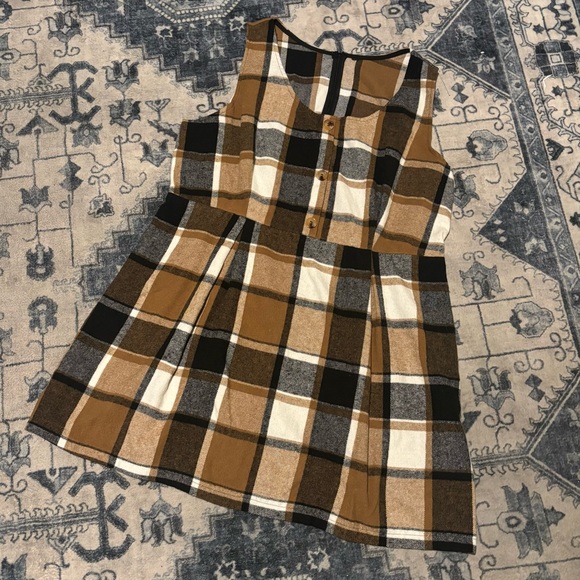 SHEIN FALL WINTER PLAID BROWN BLACK WHITE BUTTON FRONT OVERALL PLEATED DRESS - Picture 12 of 16